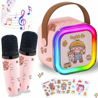 Family Karaoke System With Dual Wireless Mics Echo Effects, Portable Speaker For Camping Or Travel, LED Stage Lights And Includes 3 Sticker Sets, Ideal For Parent-Child Bonding House Parties