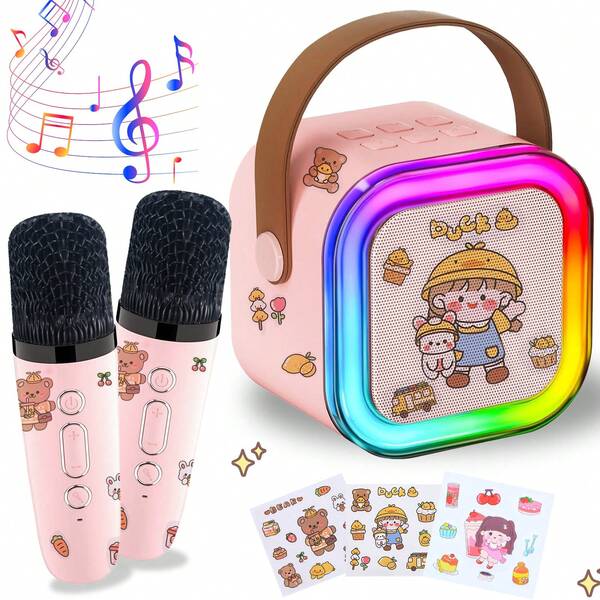 Family Karaoke System With Dual Wireless Microphones, Echo Effect, Portable Speaker, Suitable For Camping Or Travel, Built-In LED Stage Lights, Comes With 3 Sets Of Stickers, Ideal For Family Gatherings