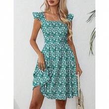 Women's Summer Dresses Casual Square Neck Floral Sundress With Pockets A Line Flowy Beach Dress - màu xanh lá - Xem 2