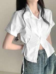 2025 Spring/Summer New Tie Design Button Women Short Sleeve Blouse - White - View 3
