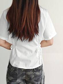 2025 Spring/Summer New Tie Design Button Women Short Sleeve Blouse - White - View 6