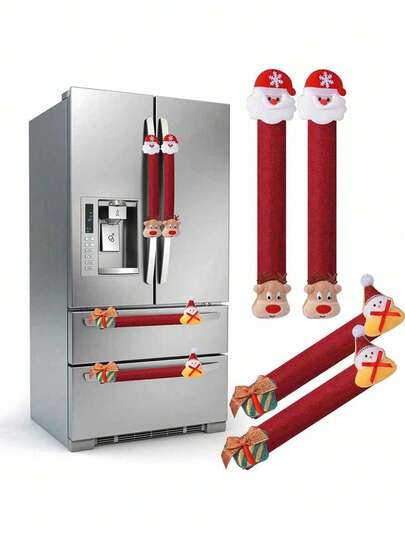 1pc/2pcs Christmas Decorations Linen Fridge Handle Cover & Microwave Oven Handle Cover With Cartoon Santa Claus Design