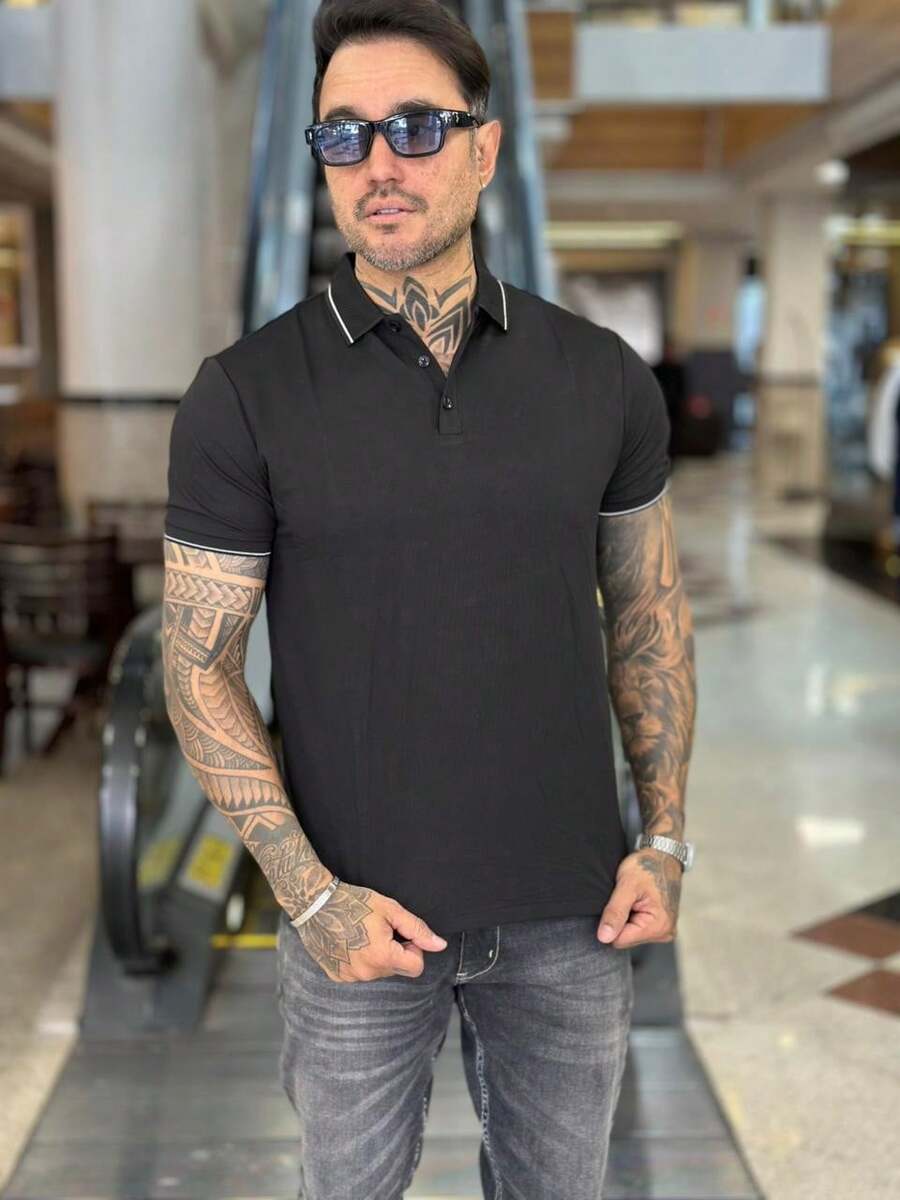 Polyamide Button Polo Shirt - Black - View 1