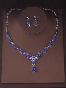 高檔新娘珠寶套裝女士用,花卉鑲嵌水滴形項鍊和耳環套裝,舞臺表演/奢華裝飾配件項鍊