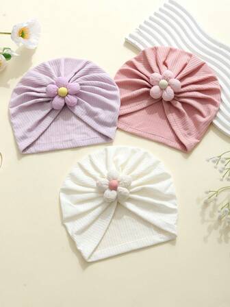 3 件装精致婴儿花卉刺绣针织帽，柔软有弹性，适合所有季节