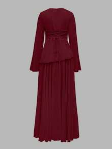 Women's Elegant Ruffle Trim Tie-Waist Flare Sleeve Dress, Spring/Summer - Burgundy - View 9