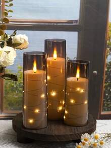5支闪烁无焰蜡烛，带星形串灯，电池供电，内置LED灯串，不易碎亚克力材质，带遥控器，许愿蜡烛灯，适用于桌面摆件装饰，适合圣诞节、万圣节、情人节、婚礼、派对、节日氛围装饰。 - 灰色 - 查看 7