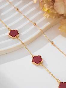 1 件复古经典勃艮第甜四叶草吊坠女士双层长项链毛衣链（由于手工切割，链上的珠子数量是随机的，但最终长度保持不变） - 紅色 - 查看 5