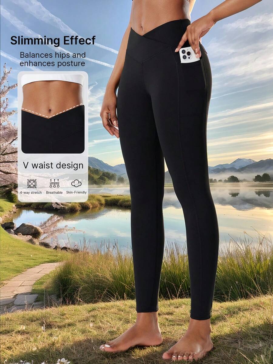 1 Quần legging nâng mông cạp cao cho nữ, thiết kế túi, cạp chữ V, quần tập yoga bó sát dùng để tập thể dục, chạy bộ, tập luyện, thể thao - màu đen - Xem 1