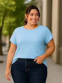 PLUS SIZE PLAIN BLOUSE CASUAL MODERN BASIC CURRENT CONTEMPORARY VISCOLYCRA DAILY WORK - Baby Blue - View 1