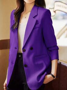 Women Plus Size Casual Plain Color Blazer, Spring/Autumn - Purple - View 1