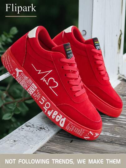 Flipark 1 par de zapatos de skate para hombre de moda callejera, transpirables, con cordones, estampado de electrocardiograma y corazón, zapatillas casuales de corte bajo