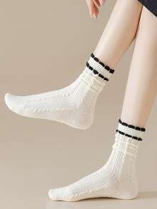 1/5 Pairs Women's Marl Color Cable Knit Double Layer Ruffle Hem Retro Style Mid-Calf Socks