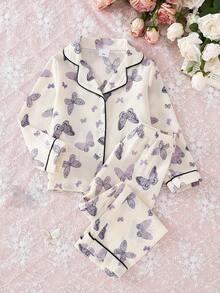 2 件套女童柔软舒适家居服，优雅蝴蝶印花，日常休闲装，秋冬 - 紫色 - 查看 1