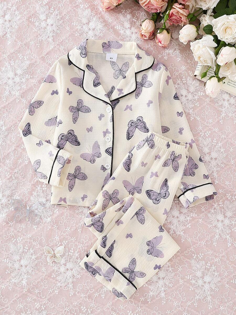 2 件套女童柔软舒适家居服，优雅蝴蝶印花，日常休闲装，秋冬 - 紫色 - 查看 1