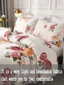 花卉图案毛绒球被套套装，双人/大号/特大号可选，浪漫农舍风格三件套床上用品，超柔软透气轻盈的超细纤维被套，包含1个拉链被套和2个枕套，不含被芯，送给她的礼物 - 彩色 - 查看 2