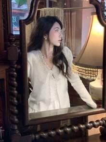 V-Neck Long Sleeve Lace Sheer Cover Up, Lightweight Knit Shawl Collar Cover Up For Summer - White - View 3