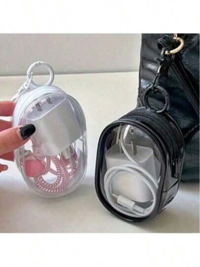 Charging Cable Organizer - Waterproof Transparent Cable Storage Bag With Keychain, Portable Headphone/Mobile Phone Charger Organizer, Travel & Daily Essentials For Cords/Chargers/Headphones