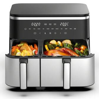 XXL Doppelkammer Heißluftfritteuse (4L + 7L), 2600W Airfryer mit 10 Programmen,  Sync Finish & Dual Cook, Digitalem LED-Touchscreen, Shake-Erinnerung, Rezeptbuch, Spülmaschinenfest