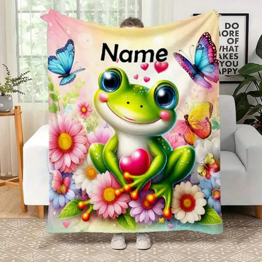 3D Print Customizable Frog Flannel Blanket - Soft, Warm, Tear Resistant, Machine Washable, Digital Printed Polyester For All Seasons With Personalized Name - Color Mixing - View 1