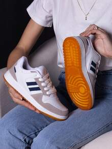 Women's Sneakers, Flat Sole, Gym, Navy Leather, Comfortable Fashion, Boutique, Premium Stripe, Original - 藍白色 - 查看 4