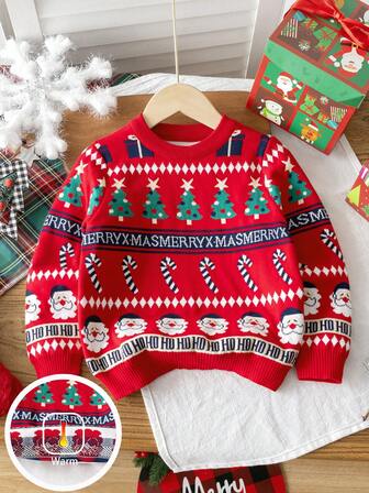 儿童可爱圣诞老人和圣诞树图案长袖毛衣、圣诞礼物、圆领套头衫，适合圣诞派对、日常穿着、春季、秋季、冬季