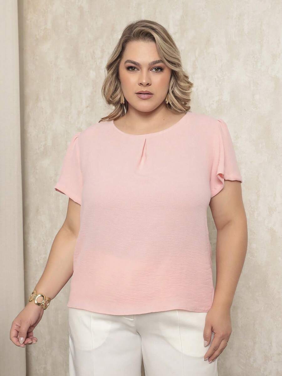 ONLYONE - PLUS SIZE WOMEN'S BLOUSE, SHORT SLEEVE, PRINCESS, PLEATES, LIGHT DUNES NECKLINE - ELEGANT WOMEN'S BLOUSES, LARGE - 淡粉紅色 - 查看 1