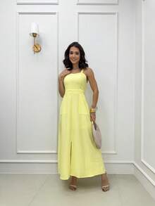 Long Dress Simple Elegant Casual Button Split Side Slit Women Wedding - 黃色 - 查看 2