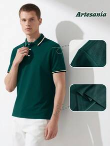 Camisa polo de manga corta a rayas de verano, casual y para commuter, para golf, para hombres, Camiseta polo diaria sencilla de unicolor para hombre,ideal para desplazamientos - Verde oscuro - Ver 9