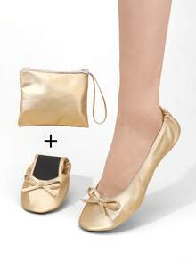 Giày ba lê nữ, cảm giác nhẹ nhàng như đi chân trần, dép đi trong nhà đế mỏng màu vàng mềm mại và thoải mái, giày ba lê có thể gấp gọn cho nữ, mùa thu/đông, có túi đựng - Vàng - Xem 9