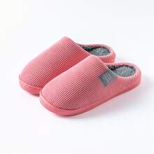 Dép đi trong nhà ấm áp sọc trơn màu Unisex, dép đi trong nhà bằng vải lông cừu mềm mại thoải mái cho cặp đôi, mùa thu/đông - Hồng - Xem 2