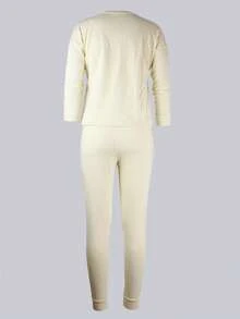 女士休闲圆领长袖衬衫（带口袋）和休闲裤（带口袋）两件套，适合户外活动和秋季穿着。 - 杏色 - 查看 4