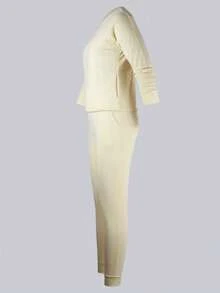 女士休闲圆领长袖衬衫（带口袋）和休闲裤（带口袋）两件套，适合户外活动和秋季穿着。 - 杏色 - 查看 5
