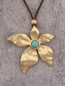 1pc Minimalist Golden Alloy Pendant Necklace, Vintage Cross & Turquoise Necklace, Suitable For Daily Wear And As Gift For Girlfriend/Boyfriend