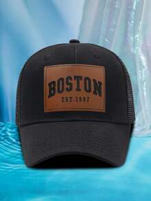 1 件男士个性化皮革贴片“BOSTON”激光标语休闲户外时尚透气可调节硬顶棒球网帽，适合日常佩戴 - G - 查看 17