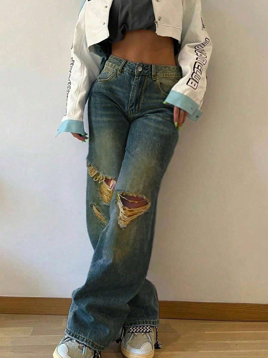 Women Distressed Loose Straight Leg Jeans, Stacked Jeans