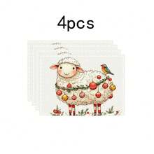 1 set/1 pièce/4 pièces/6 pièces Dessous de plat motif mouton et baie de houx de Noël, dessous de plat rectangulaires en polyester lavables en machine, protège-table, dessous de plat isolants, décorations de table de restaurant, fournitures de fête, décorations de Noël pouvant tous être offerts en cadeau