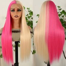 13X4 Pink & Brown Lace Front Wigs Pre Plucked Soft Free Part Long Straight Wigs Glueless Pink Skunk Stripe Wig Wear And Go Wig Heat Resistant Fiber Hair Synthetic Lace Front Wigs For Fashion Women For Daily Christmas Party Cosplay Use - Half Pink Half Blonde - 查看 6