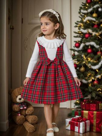 少女休闲两件套撞色3D蝴蝶结长袖镂空蕾丝纽扣圆领格纹印花A字下摆连衣裙，适合日常、居家、户外、运动、春秋季穿着。