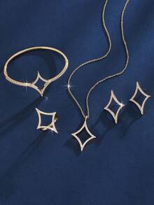 4 件套四角星镶嵌小钻石戒指、项链、耳环、手链首饰套装，极简主义特色单品，适合日常通勤佩戴 - 彩色 - 查看 6