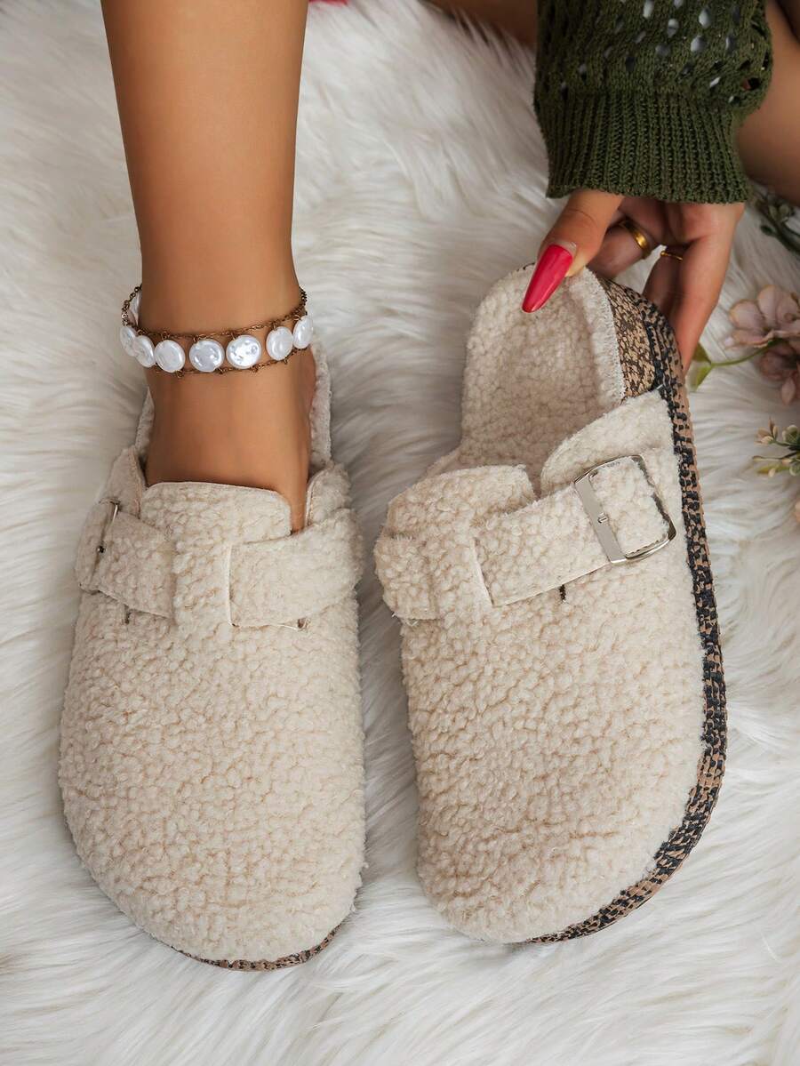 Zapatillas de casa de tela con diseño de hebilla para mujer, de estilo casual y forro polar, para otoño/invierno