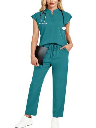 cimmuovere Conjunto de uniforme con top holgado sin mangas de cuello alto y pantalones con múltiples bolsillos prácticos