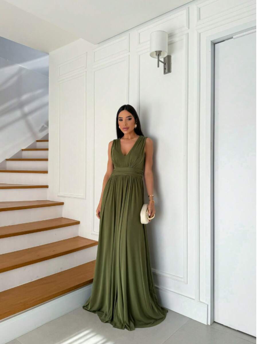 Simple And Elegant Bridesmaid Wedding Guest Party Dress With A V-Neckline And A Lackluster Look - Màu xanh Ô liu - Xem 1
