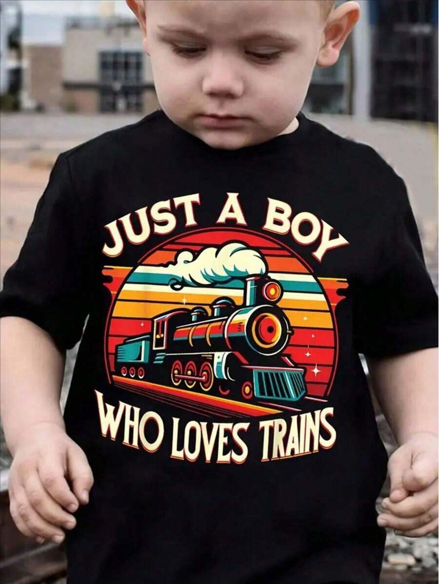 Boys' Summer Fashion T-Shirt, "Just A Boy Who Loves Trains" Letter Print, Creative Train Graphic, Casual Round Neck, Cotton, Kids Cute Short Sleeve Top, Regular Fit, For Children - 黑色 - 查看 1