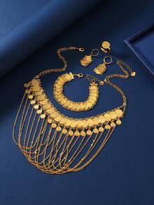 4 件中东沙特阿拉伯风格镀金铜币徽章元素流苏链女士婚礼首饰套装，1 条项链，1 条手链，1 对耳环，1 个戒指，适合日常佩戴、婚礼、派对和其他场合 - 金黃色 - 查看 3
