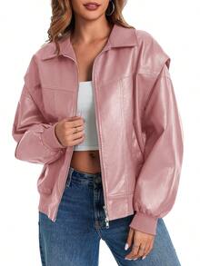 Womens Oversized Leather Bomber Jacket Zip Up Moto Coat With Pockets