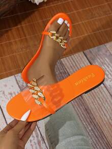 Sandalias de playa planas y casuales de gelatina con punta abierta para mujer de talla grande - Naranja Quemada - Ver 13