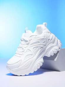 Zapatos de tacón alto de plataforma blanca para mujer, tenis de moda casual para todo el año, ultraligeros, antideslizantes y resistentes al desgaste, tacón de cuña de 7 cm, punta redonda con cordones, malla transpirable, suela gruesa, acolchado, adecuados para citas, ejercicio, trabajo, escuela, jóvenes, versátiles, cómodos con suela suave y amortiguación para otoño e invierno - Blanco - Ver 18