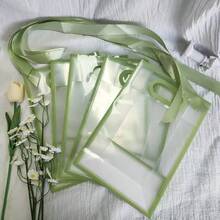 1/4/12pcs Transparent Gift Bags With Ribbons, Suitable For Baby Shower, Graduation, Wedding, Bridal Party, Birthday Party, Business Occasions, With Cut-Out Handles, Reusable PP Material, Size: 7x10x3.15 Inches (Green) - Green - View 2