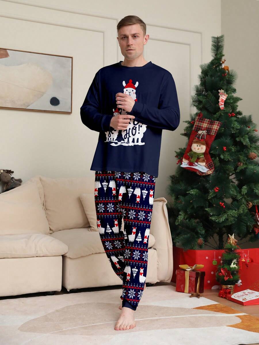 2pcs Christmas Llama, Blessing Text, Geometric Pattern, Snowflake Graphic Print Crew Neck Long Sleeve Top & Pants Hem Rib Cuff Men's Lounge Suit, Fall Winter Clothes - Multicolor - View 1